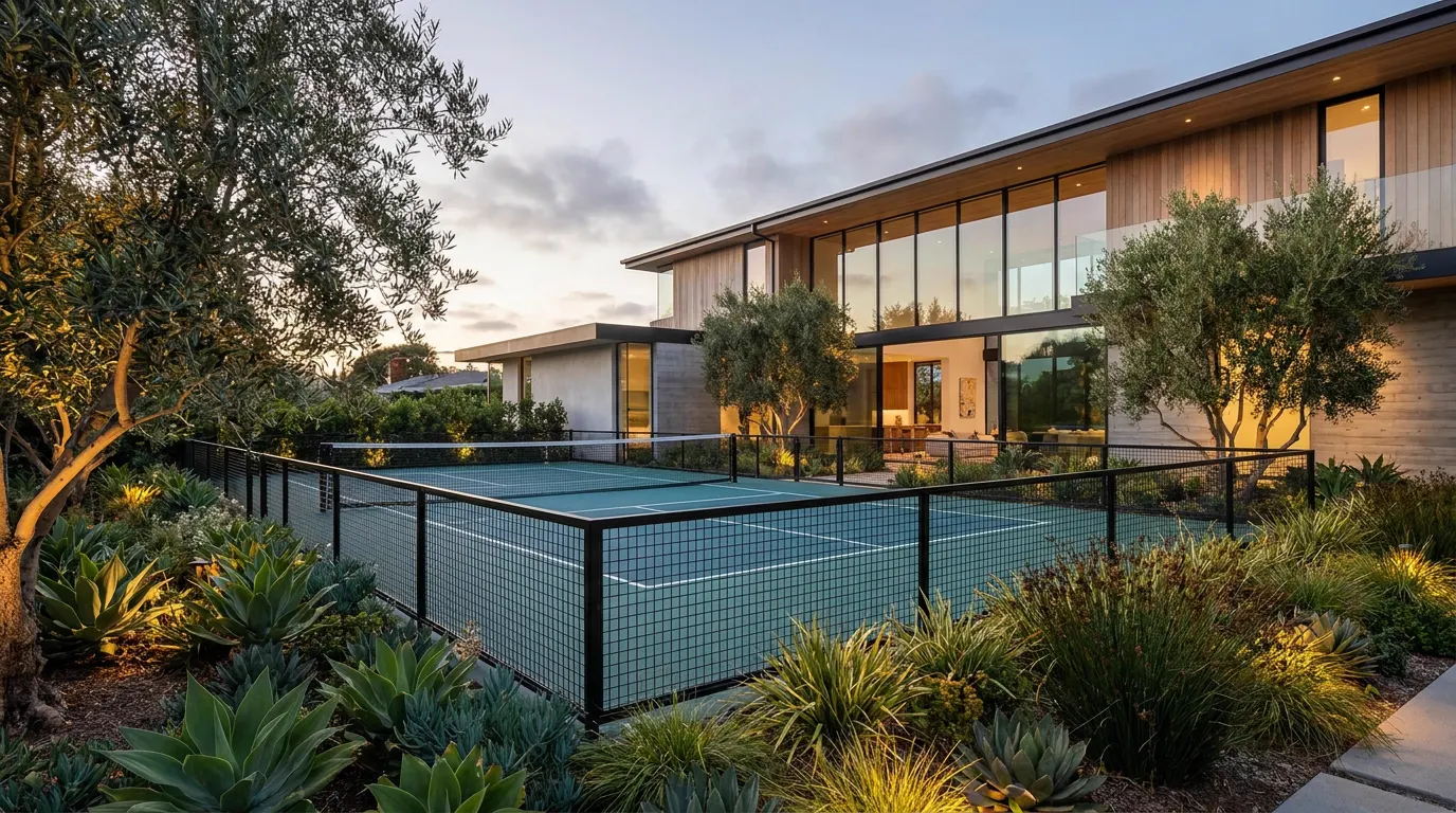 Completed backyard pickleball court project at a contemporary coastal home at dusk