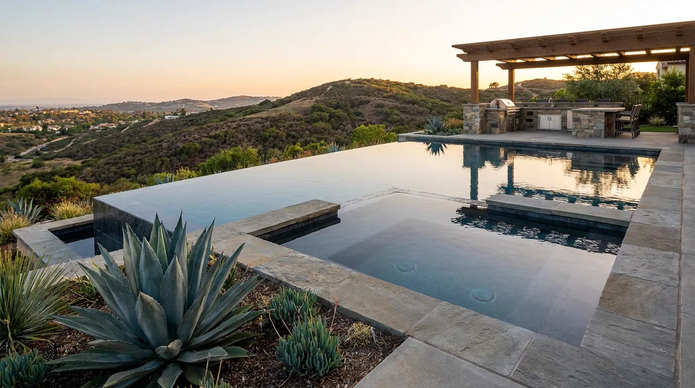 Infinity-edge pool overlooking Orange County hills with sculptural planting and pergola