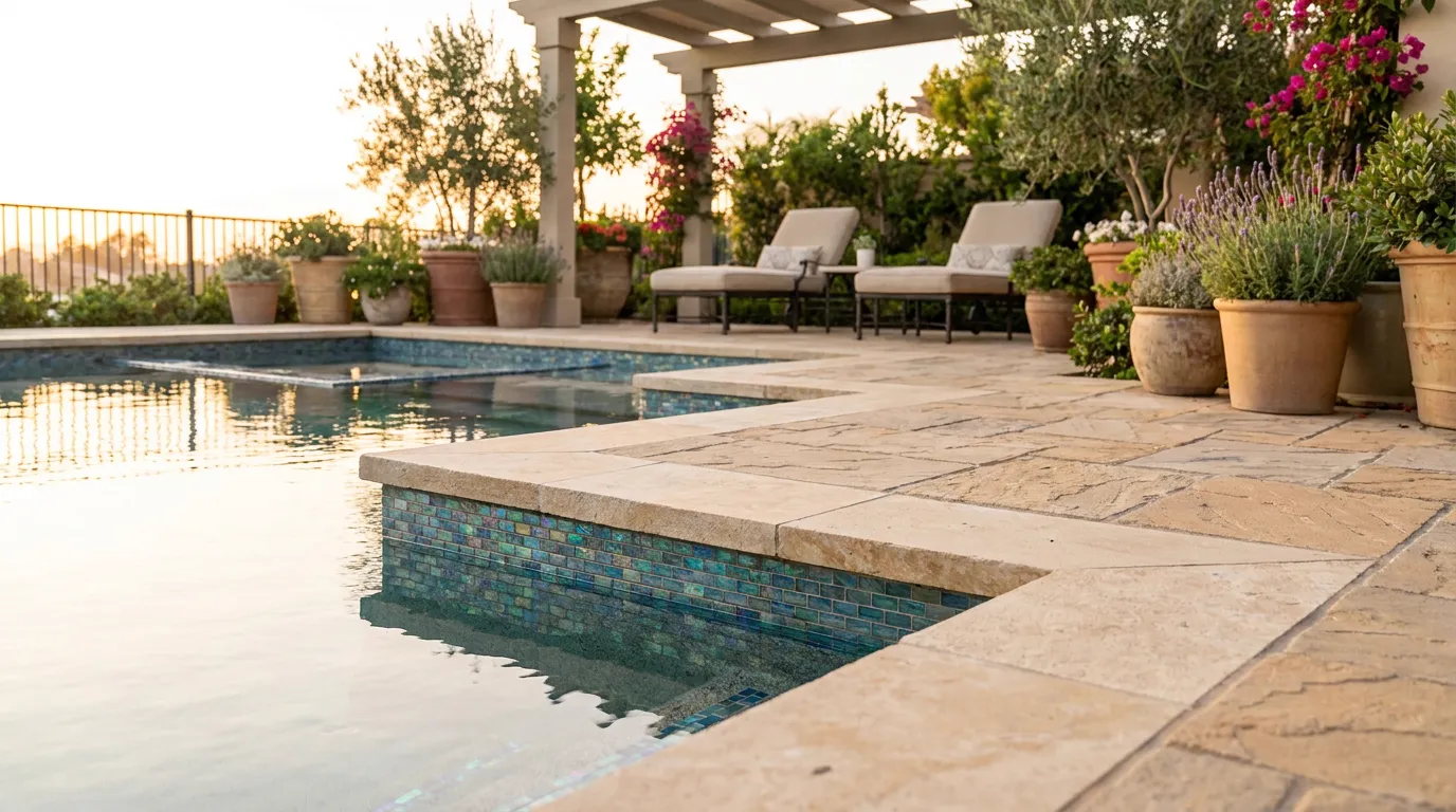 Poolside stone coping and glass tile waterline beside a paver lounge deck