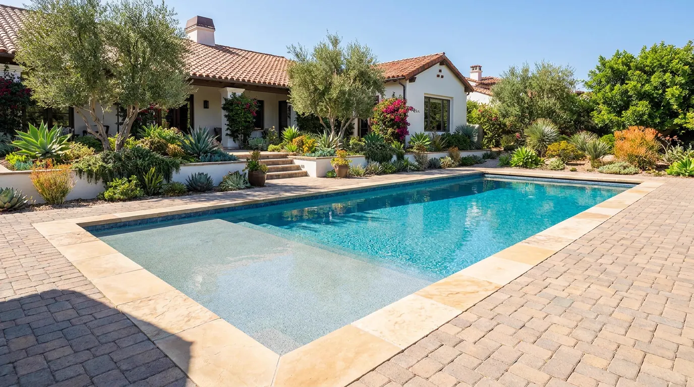 Completed pool and landscape project at a Spanish colonial Orange County home