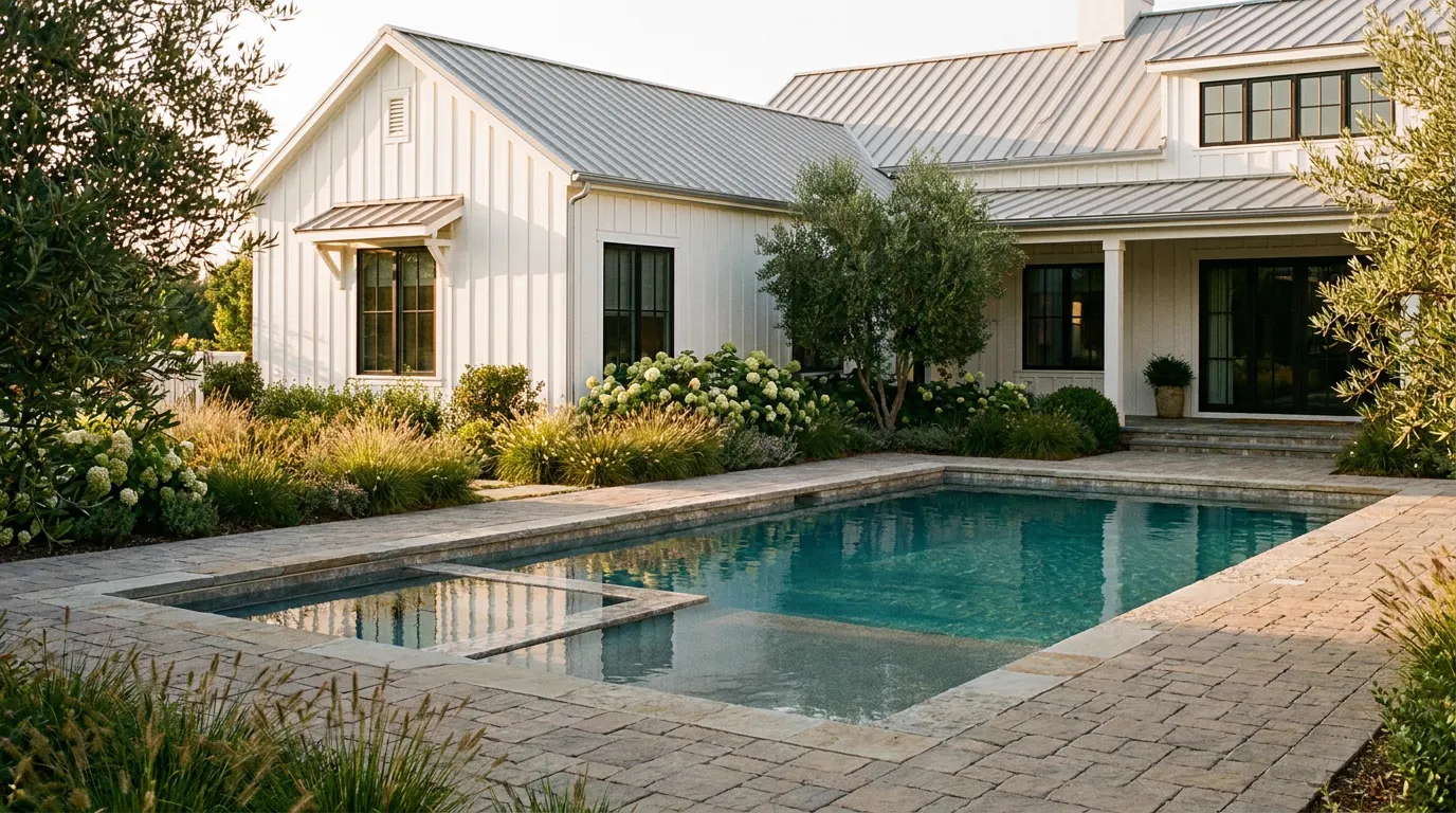 Completed pool and landscape project at a modern farmhouse style home at golden hour