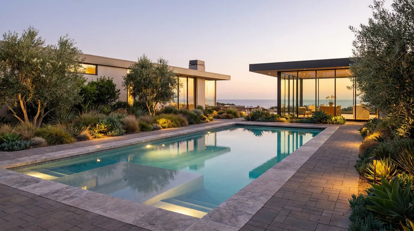 Completed pool and landscape project at a contemporary coastal home at dusk