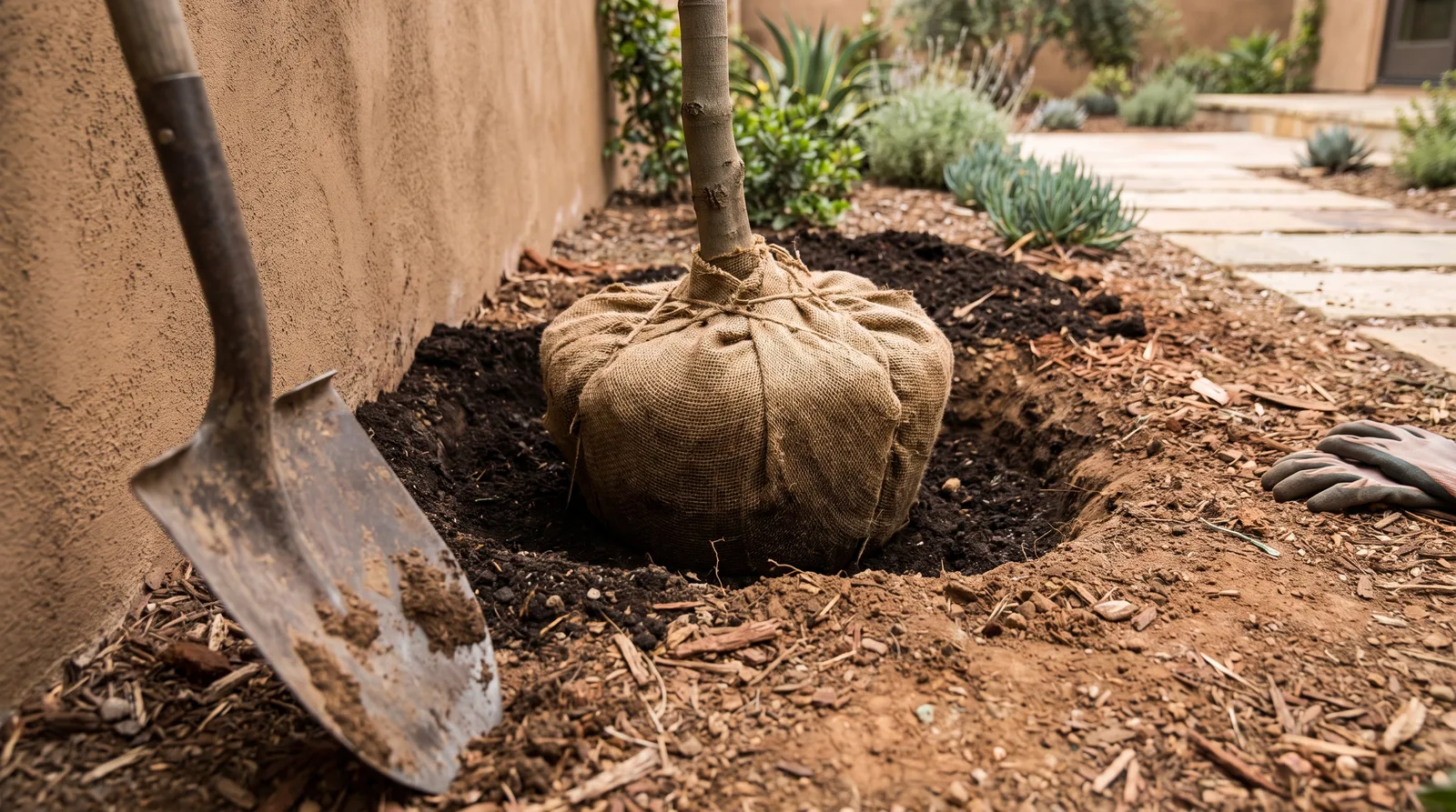 Tree rootball set at grade in an amended planting hole during installation