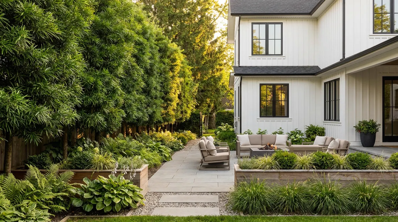Completed privacy hedge project at a modern farmhouse style home at golden hour