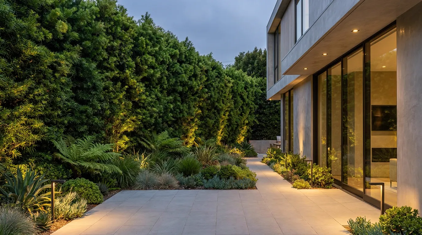 Completed privacy hedge project at a contemporary coastal home at dusk