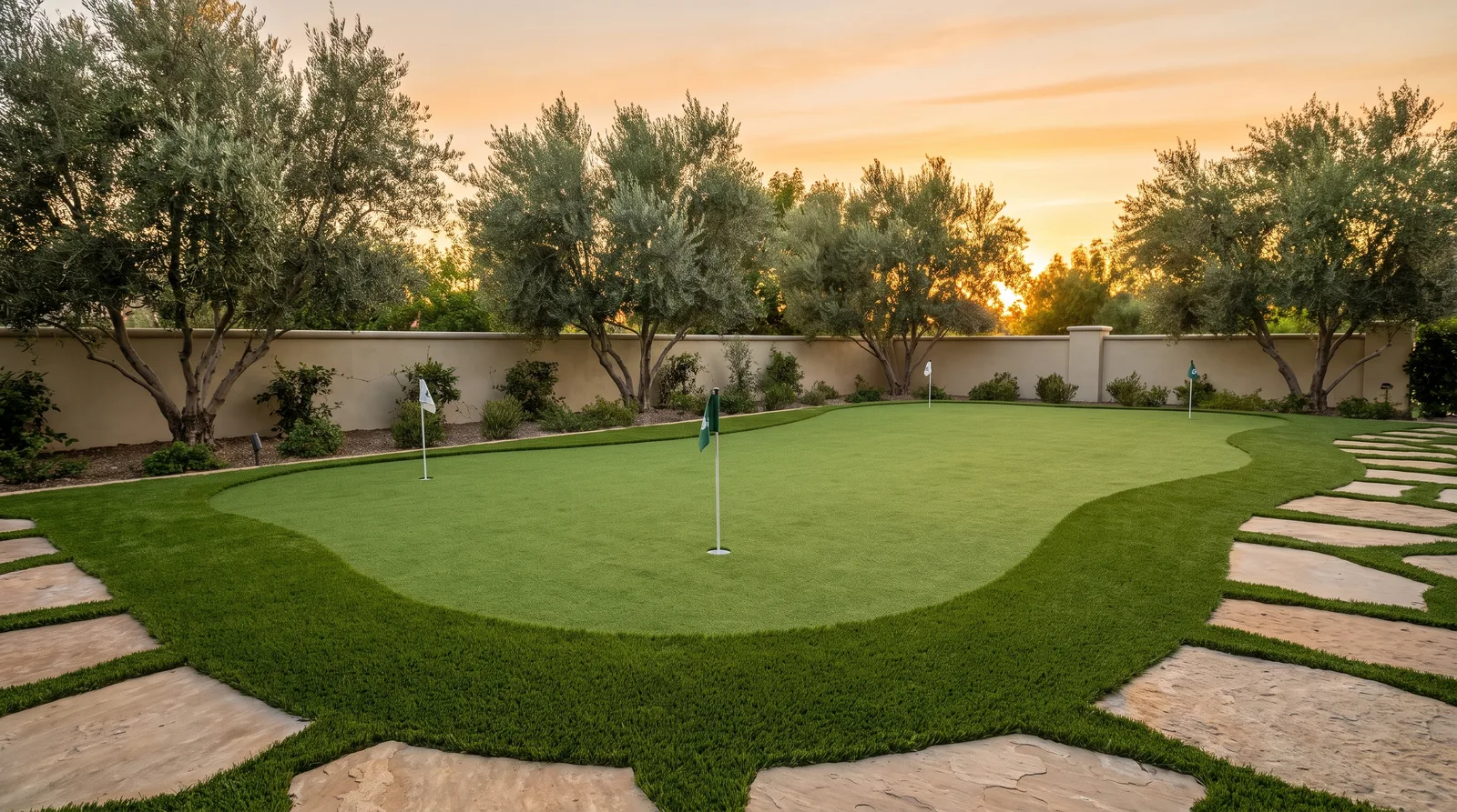 Backyard putting green with two holes and flags, stone edging and olive trees at golden hour