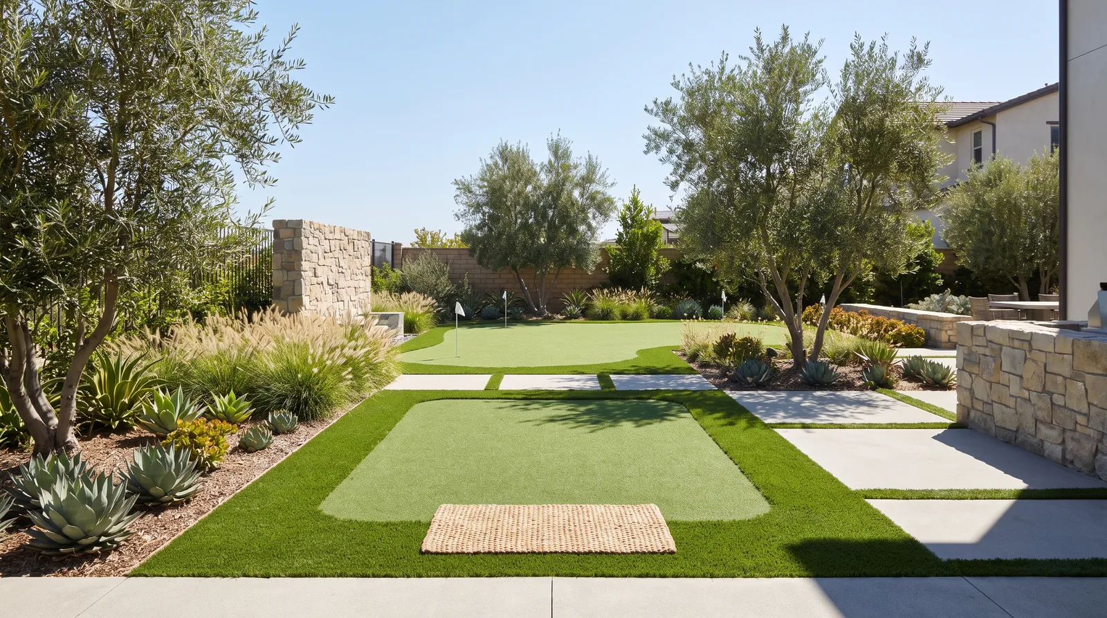 Chipping area with tee mat and putting green in a modern backyard