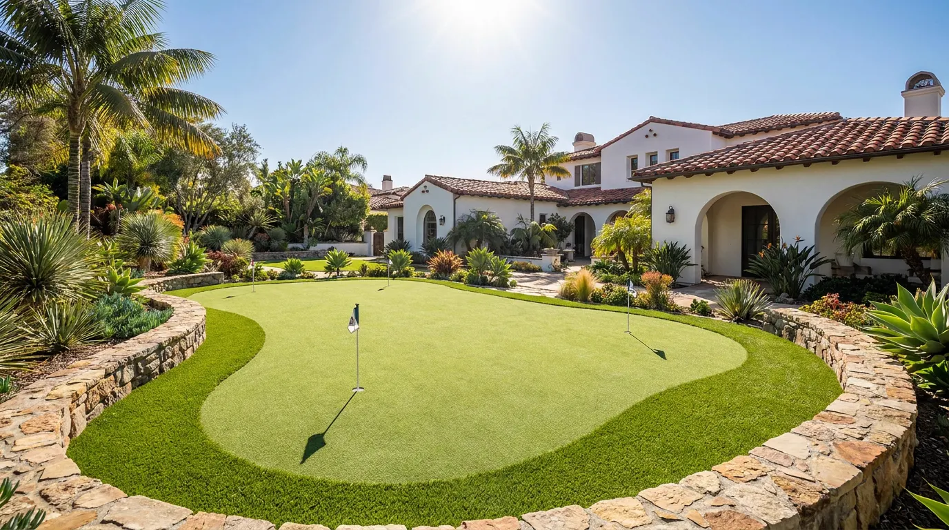 Completed backyard putting green project at a Spanish colonial Orange County home