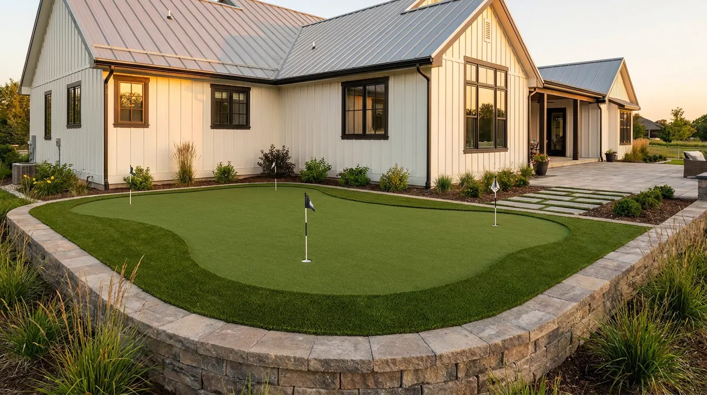 Completed backyard putting green project at a modern farmhouse style home at golden hour