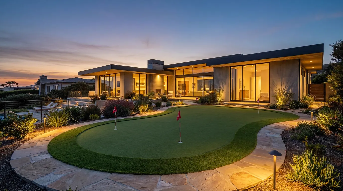 Completed backyard putting green project at a contemporary coastal home at dusk