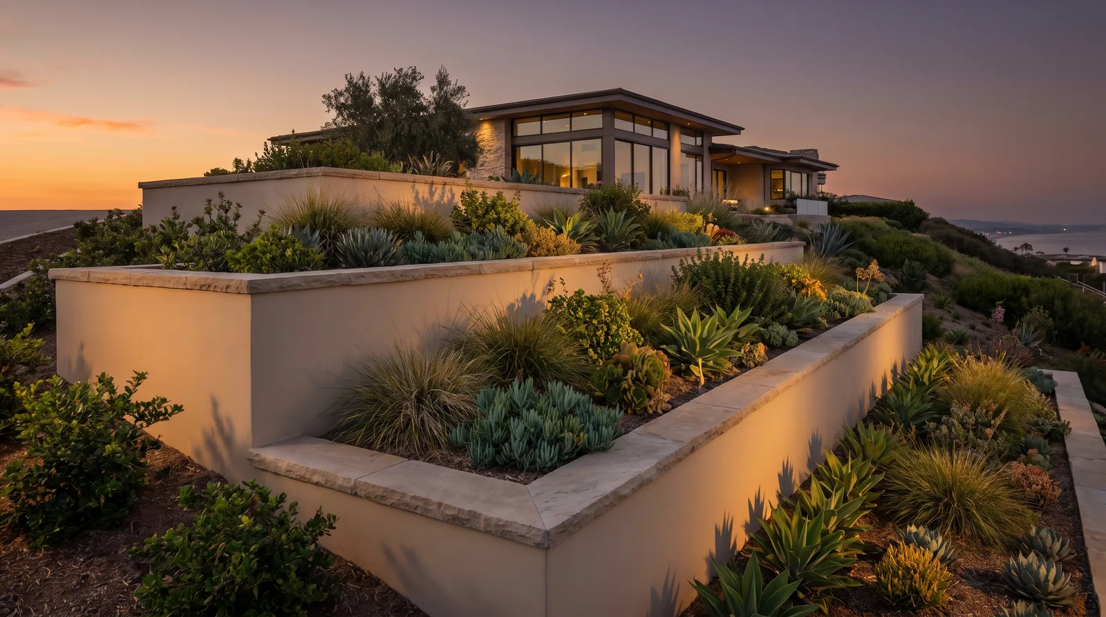 Stucco-finished retaining wall with stone cap creating two planted terraces at dusk