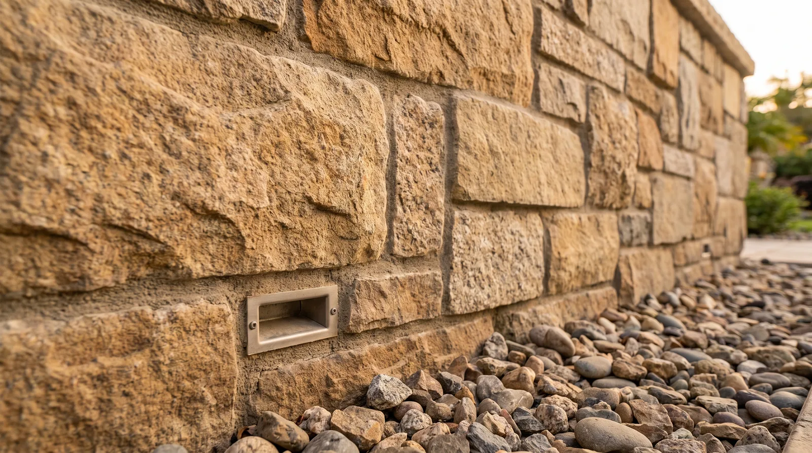 Natural stone veneer texture with drainage weep detail on a garden wall