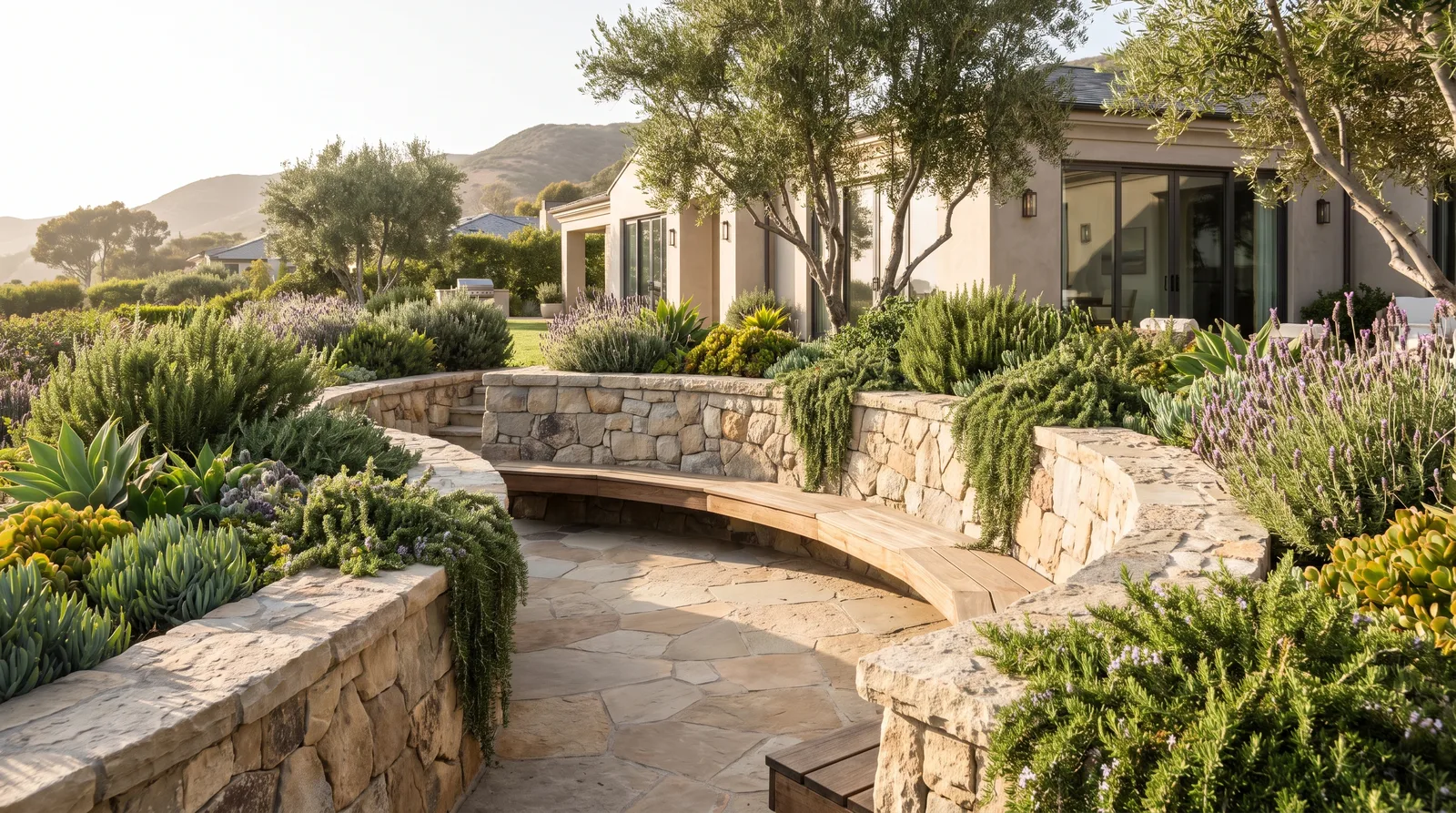 Curved low garden seat wall around a paver patio with planting spilling over