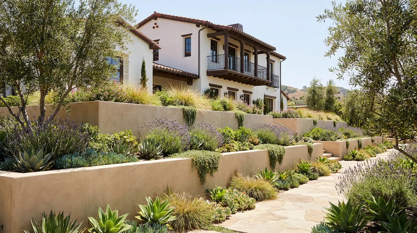 Completed terraced retaining wall project at a Spanish colonial Orange County home