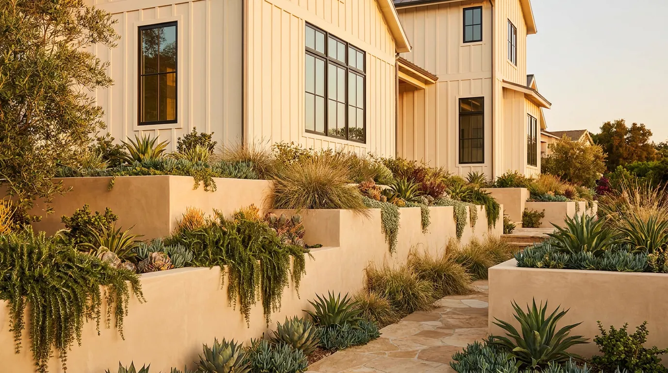 Completed terraced retaining wall project at a modern farmhouse style home at golden hour