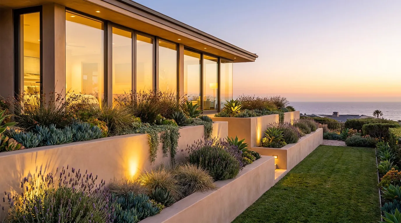 Completed terraced retaining wall project at a contemporary coastal home at dusk