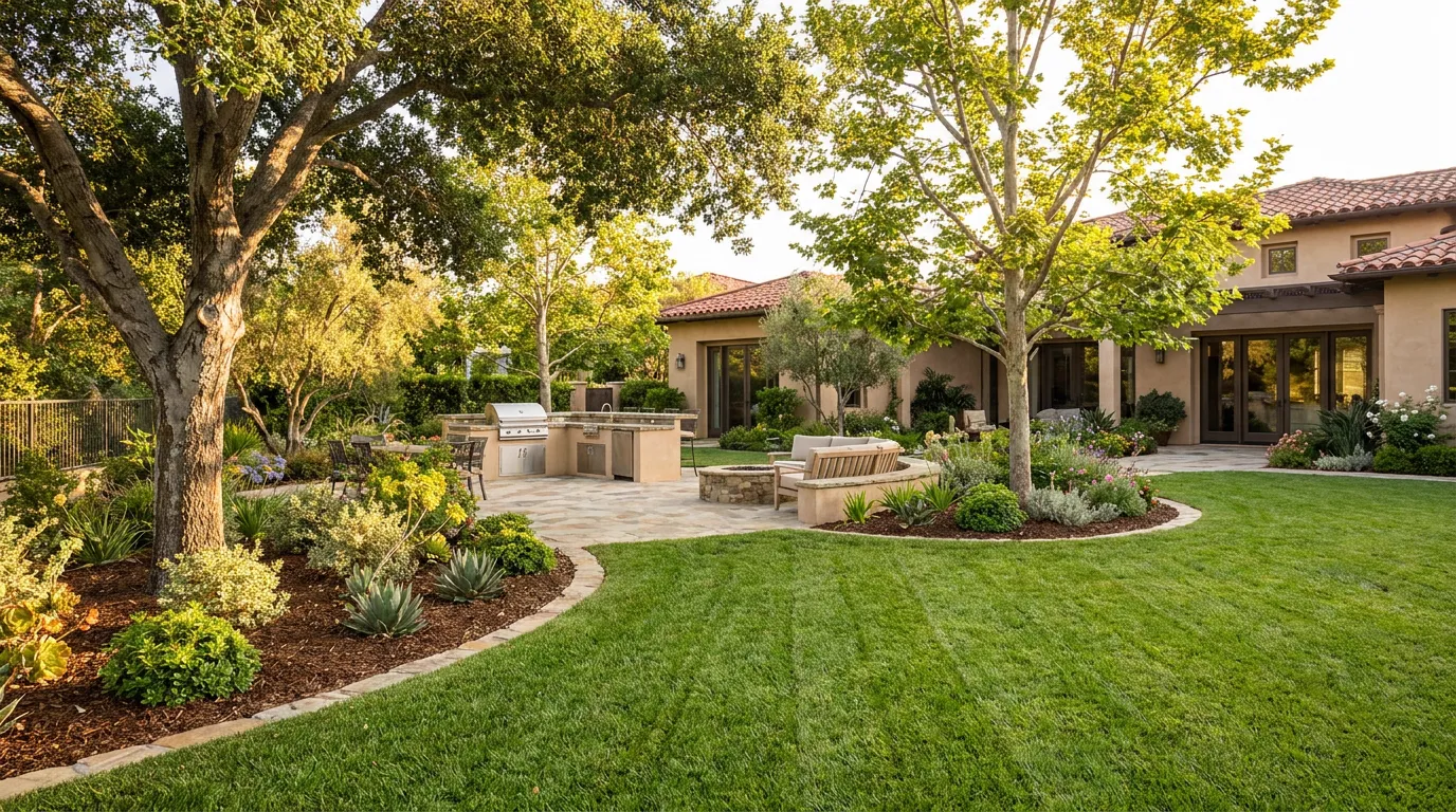 Lush established tall fescue lawn framed by clean planting beds