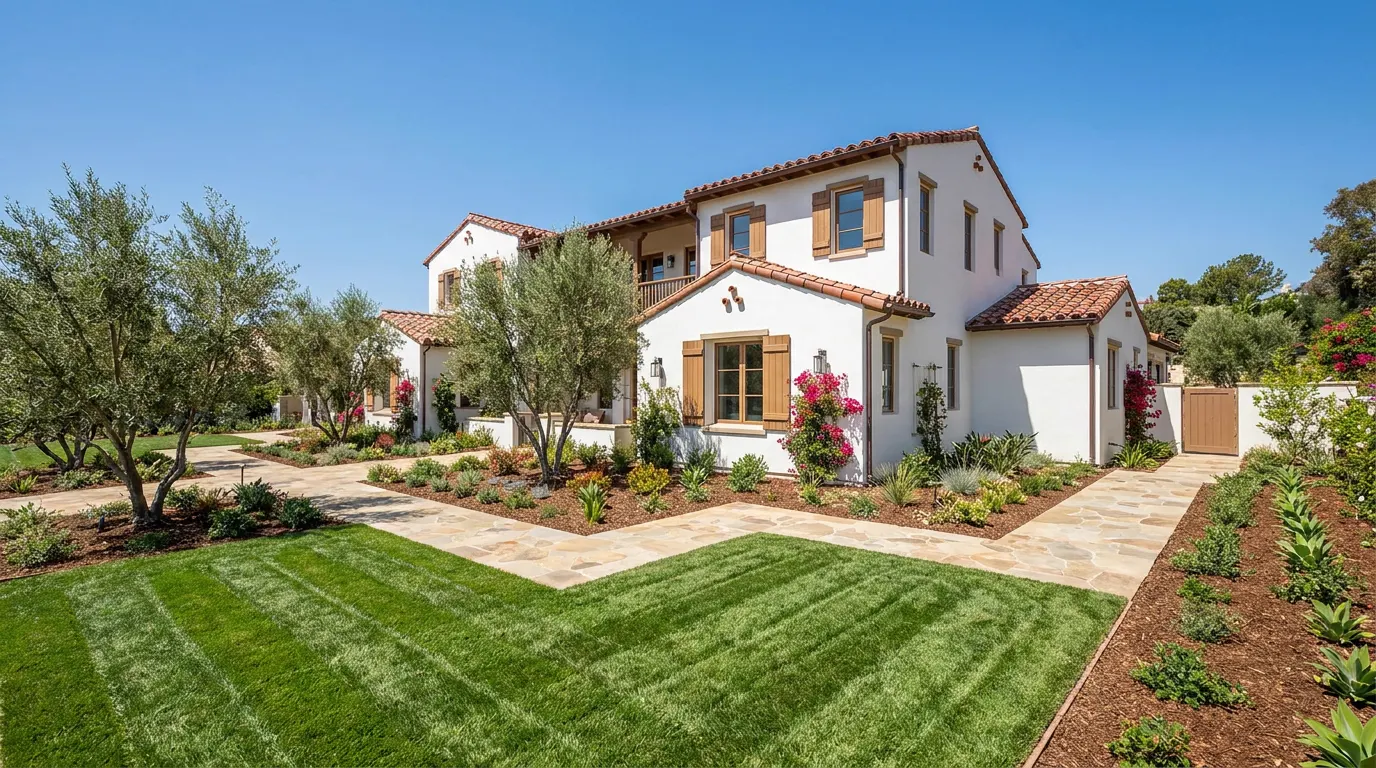 Completed fresh sod lawn project at a Spanish colonial Orange County home