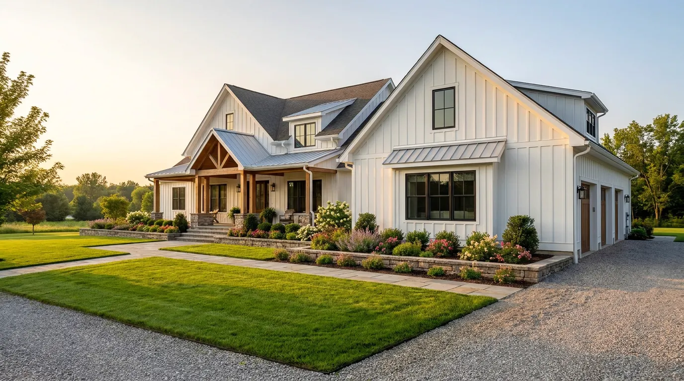 Completed fresh sod lawn project at a modern farmhouse style home at golden hour