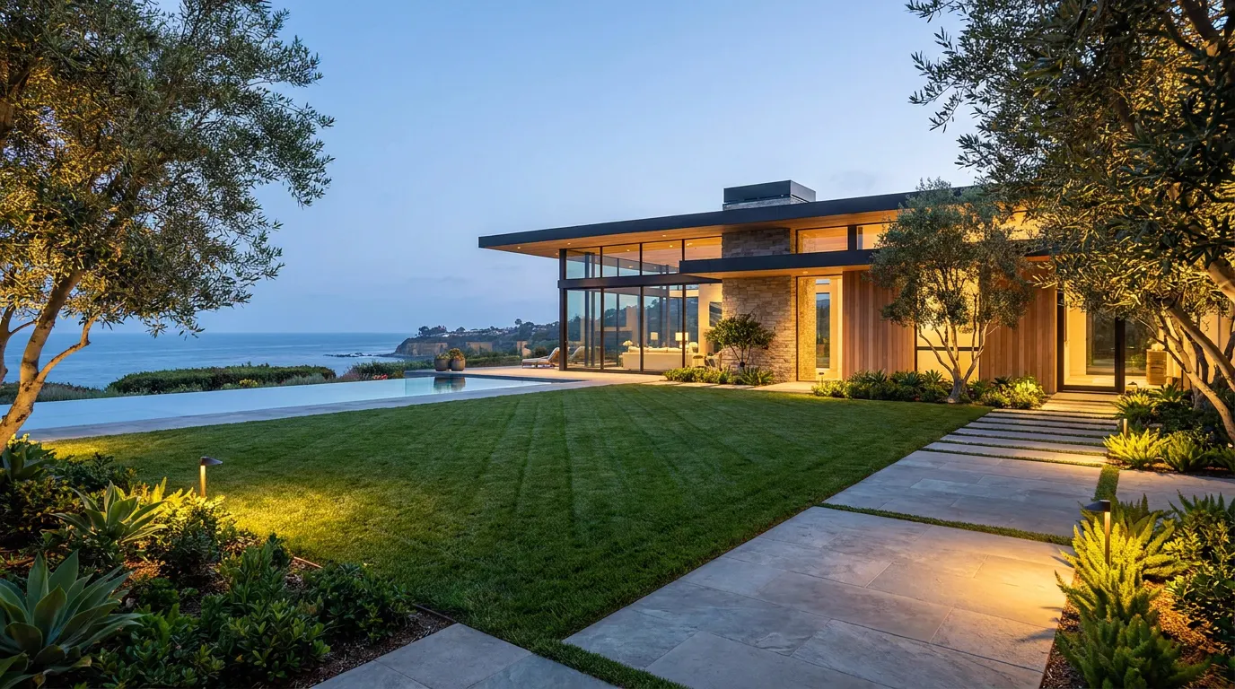 Completed fresh sod lawn project at a contemporary coastal home at dusk