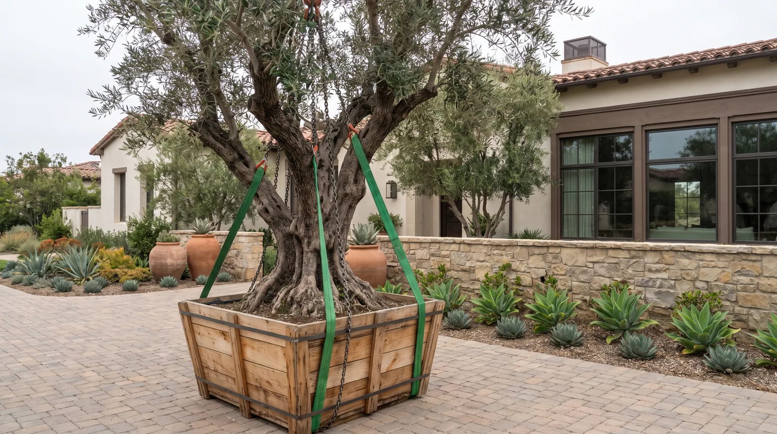 60-inch box mature olive tree staged with lifting straps ready for planting