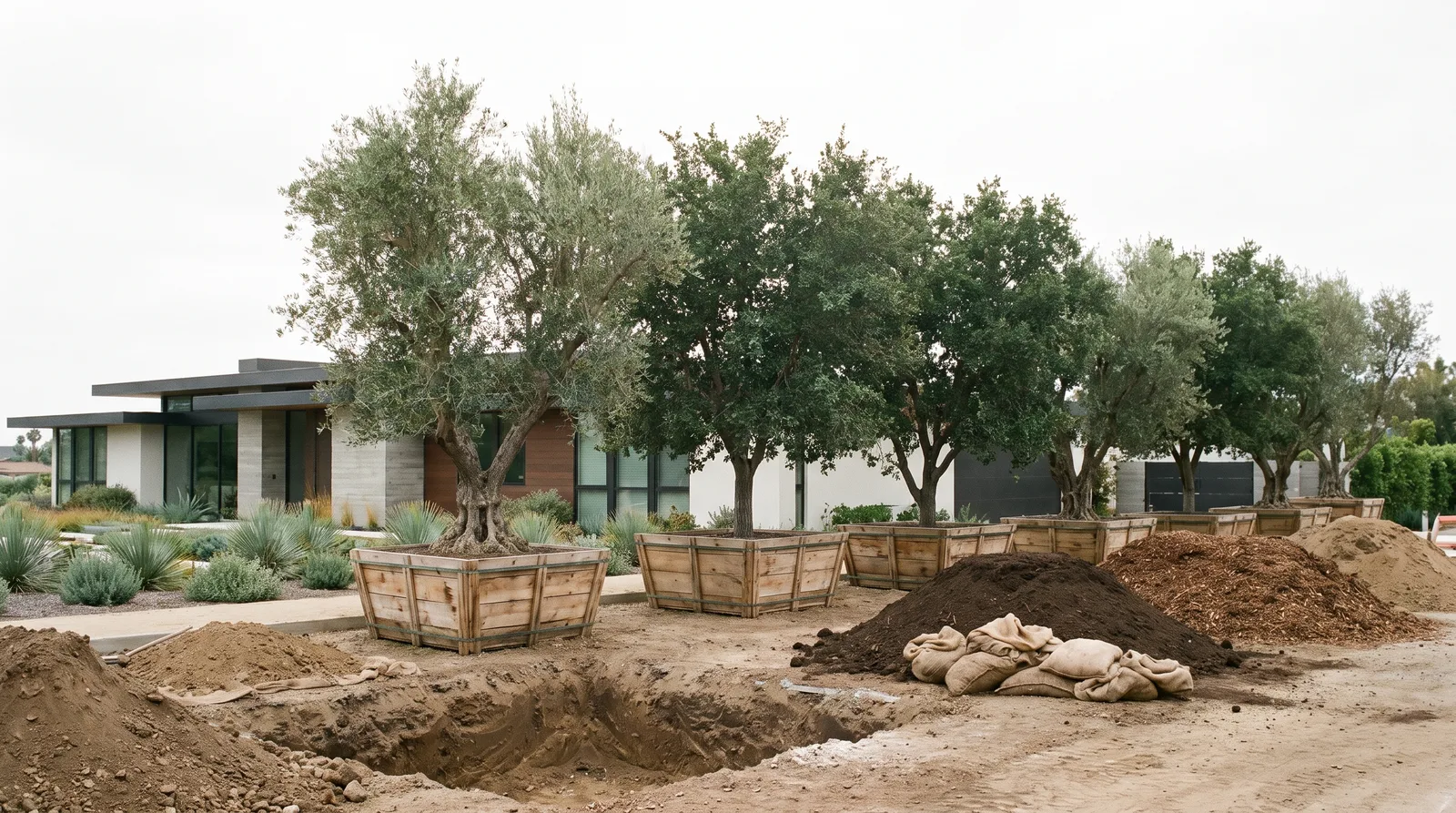 Large boxed specimen trees staged at a job site next to an open planting pit