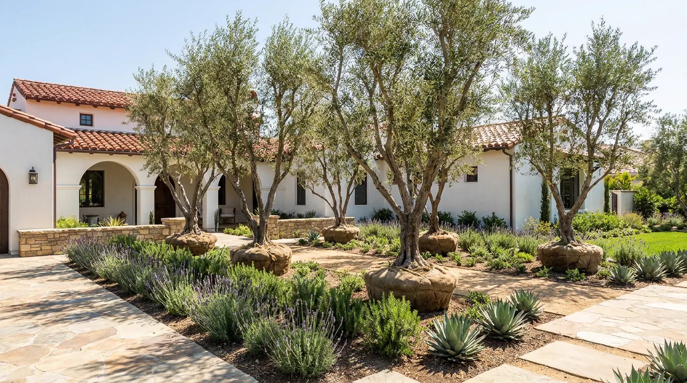 Completed mature olive installation project at a Spanish colonial Orange County home