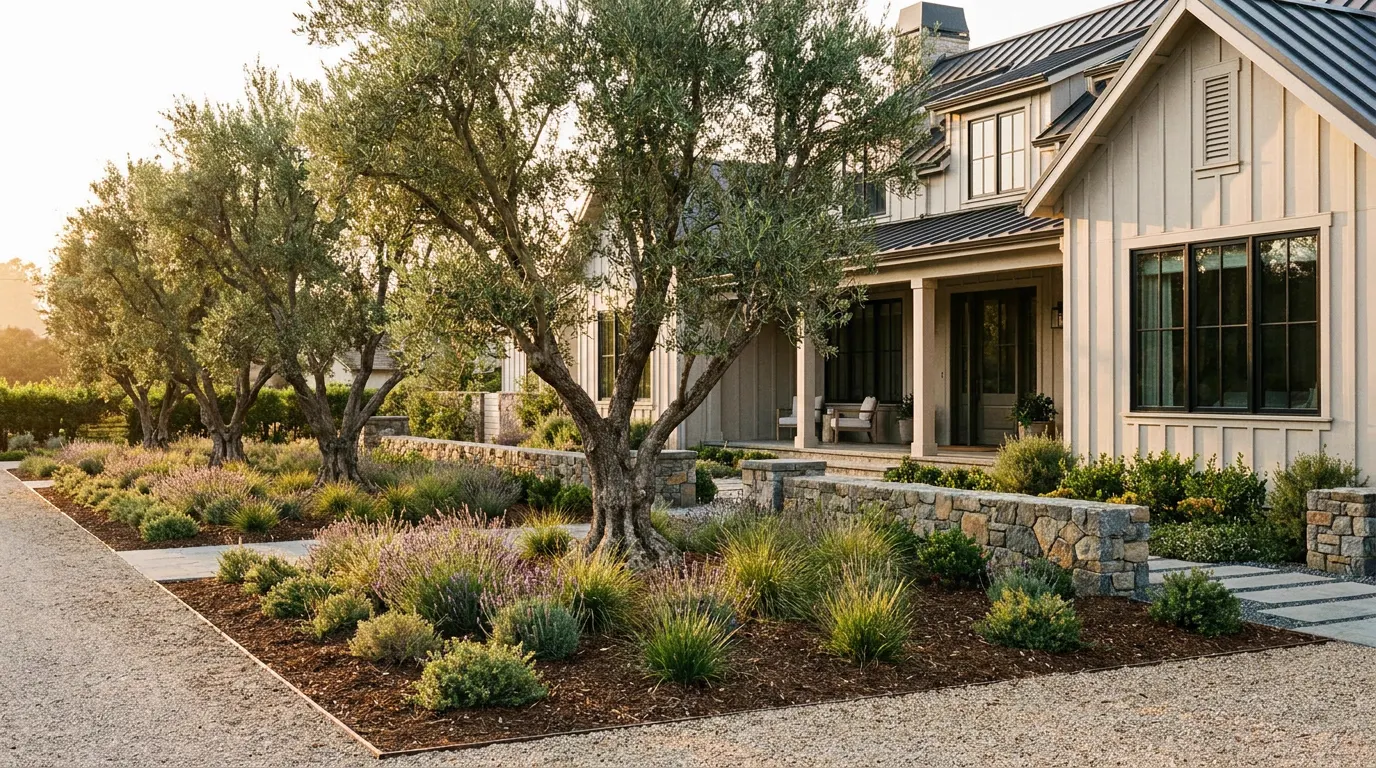 Completed mature olive installation project at a modern farmhouse style home at golden hour