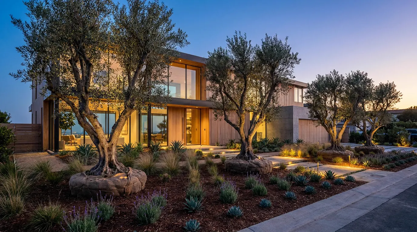 Completed mature olive installation project at a contemporary coastal home at dusk