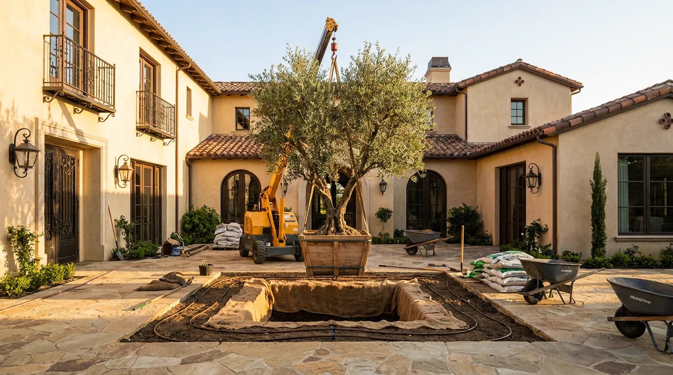 Specimen olive tree installation at a premium Orange County home