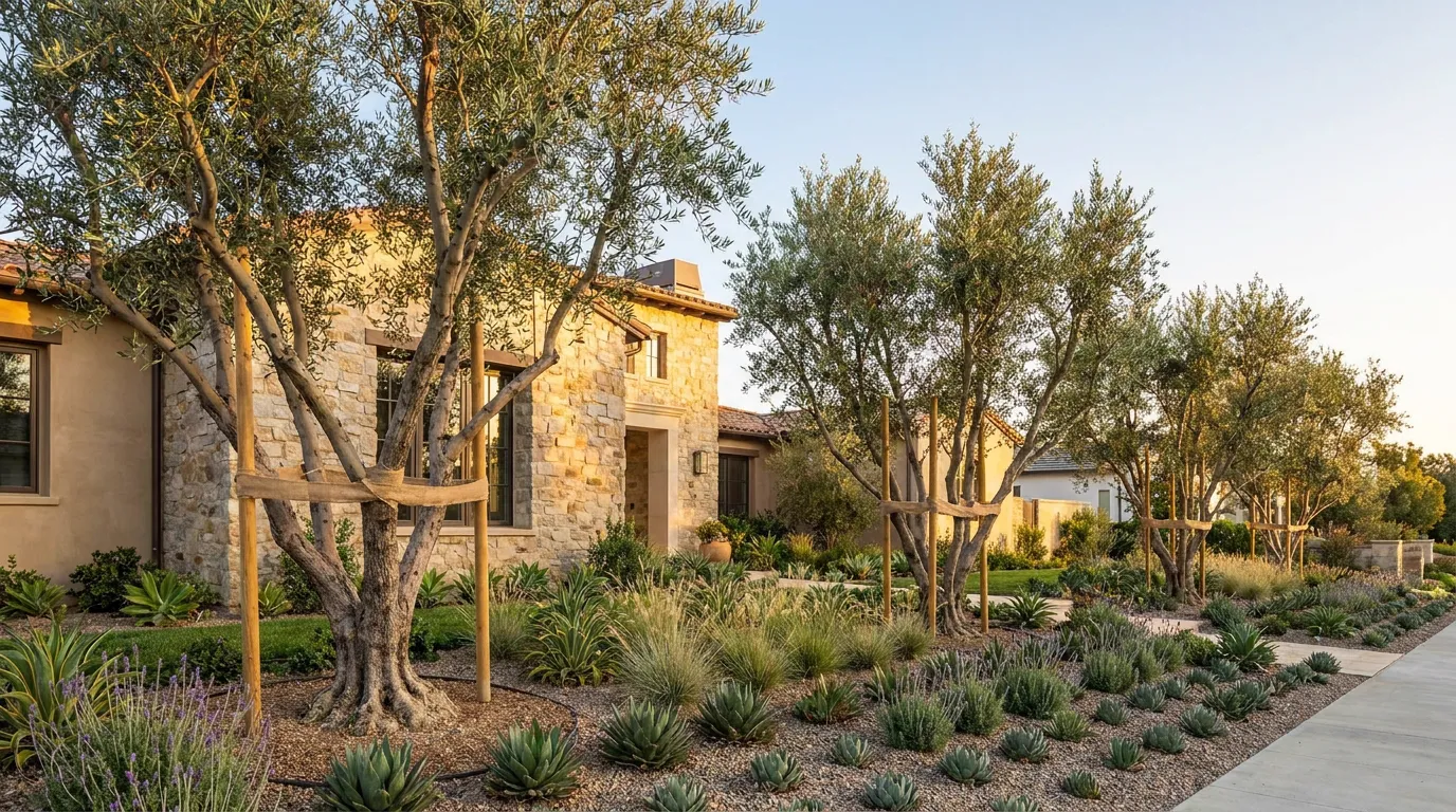 Newly planted mature multi-trunk olive trees with fresh staking and underplanting