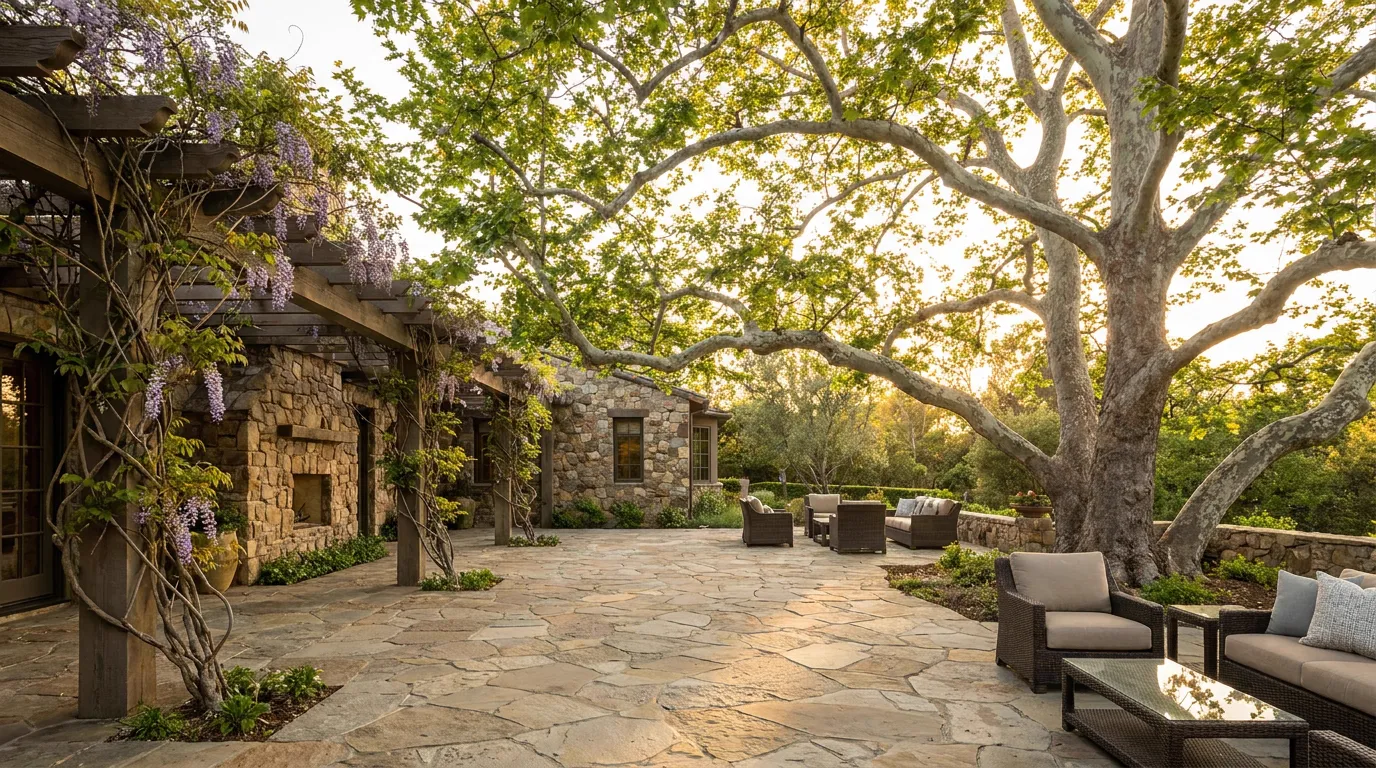 Beautifully structurally pruned mature shade tree over a clean stone patio