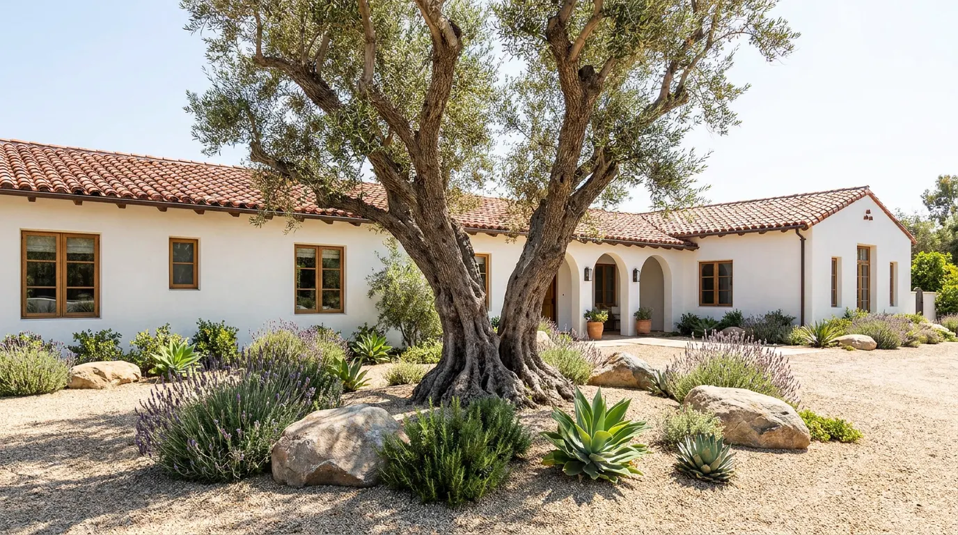 Completed specimen tree installation project at a Spanish colonial Orange County home