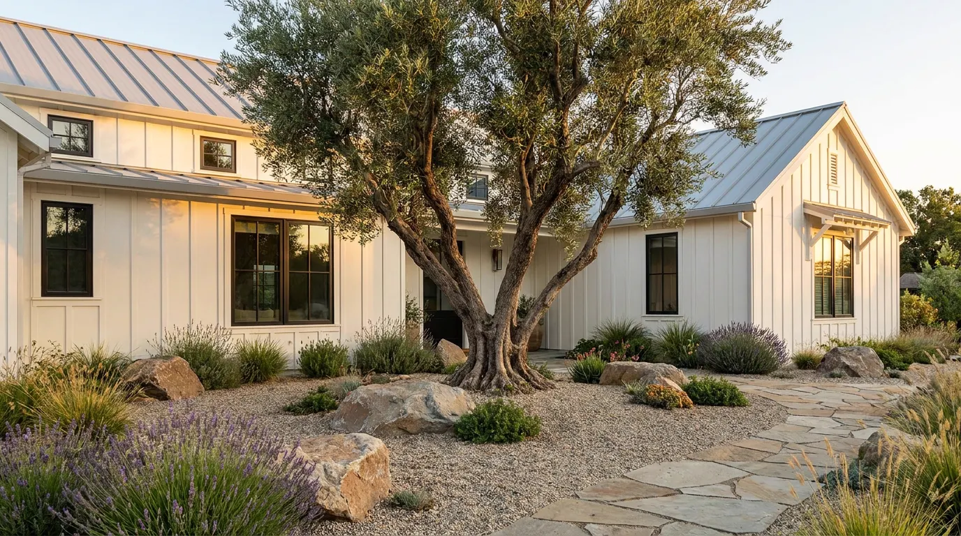 Completed specimen tree installation project at a modern farmhouse style home at golden hour