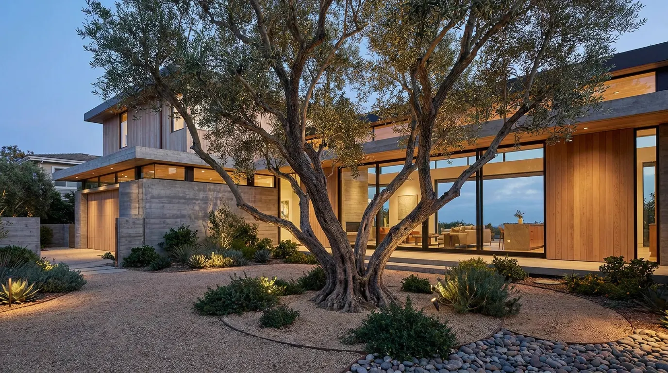Completed specimen tree installation project at a contemporary coastal home at dusk
