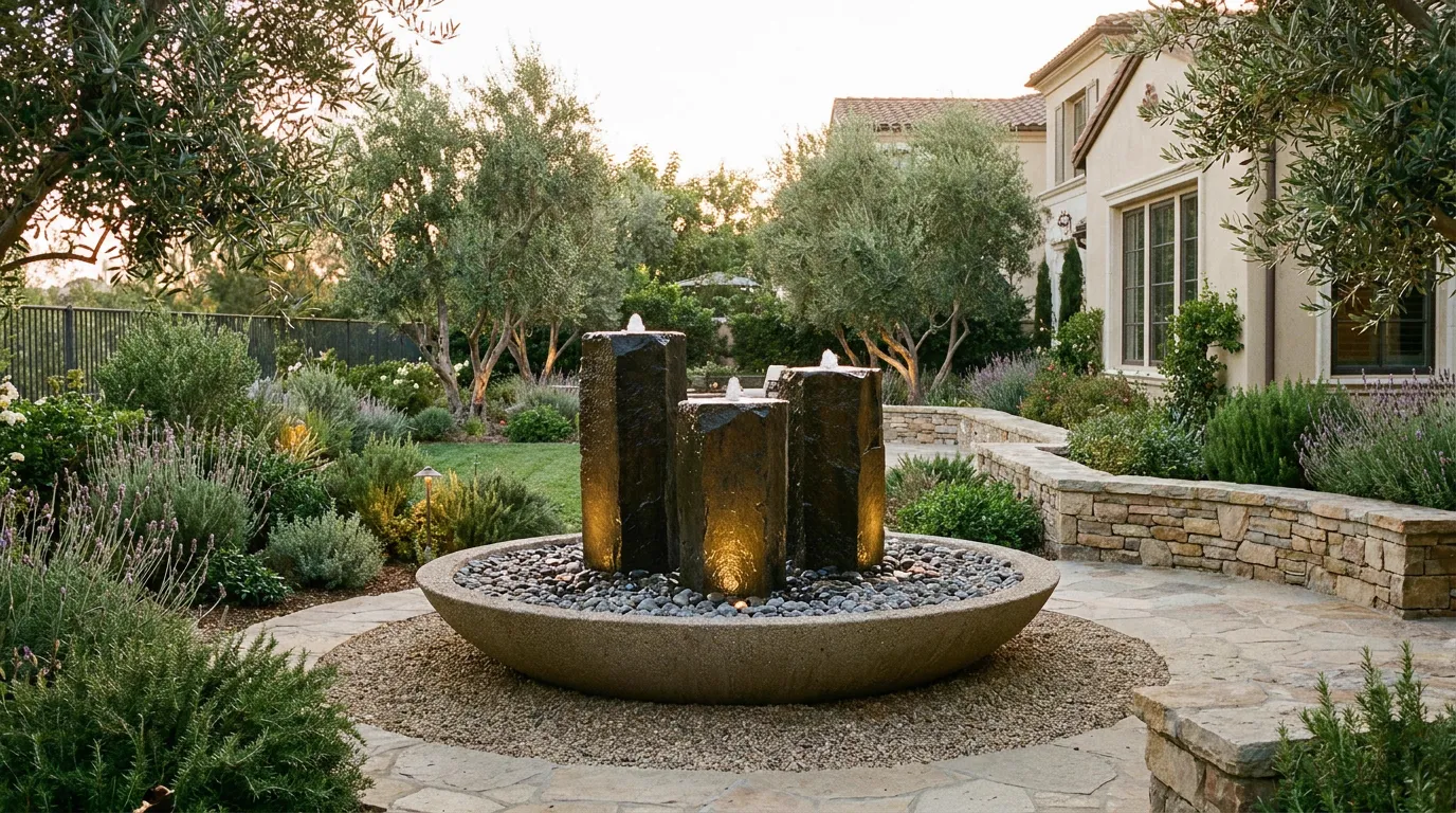 Basalt column fountain feature in a premium Orange County garden