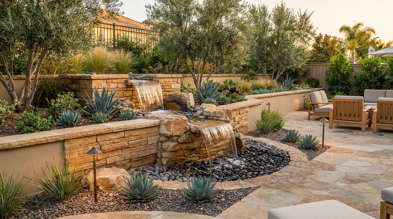 Pondless waterfall cascading over natural stone into a hidden gravel basin