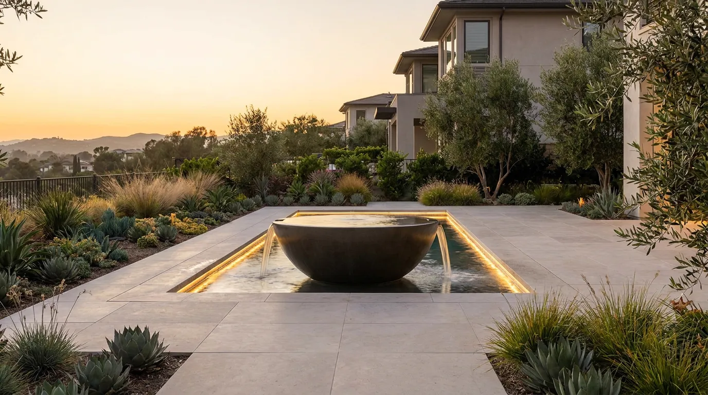 Modern reflecting basin with spillway bowl on a stone patio at dusk