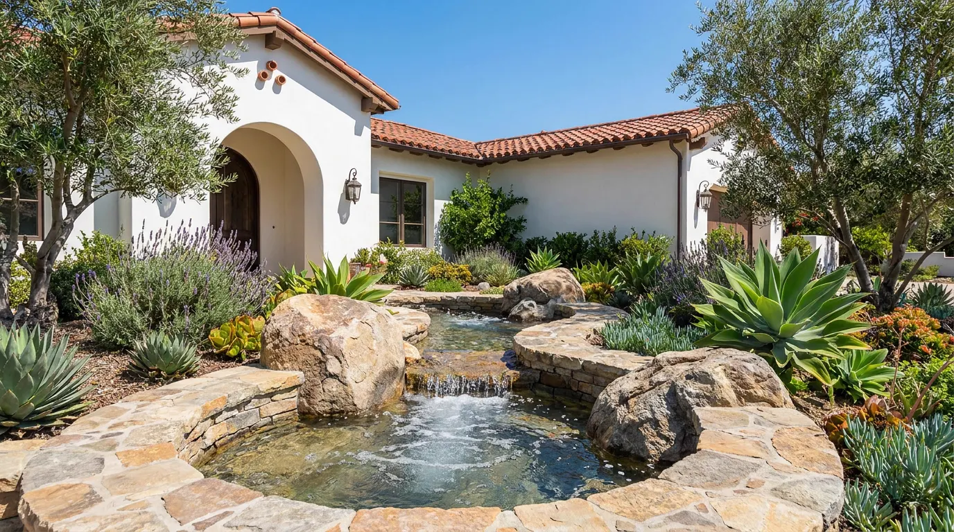 Completed stone water feature project at a Spanish colonial Orange County home