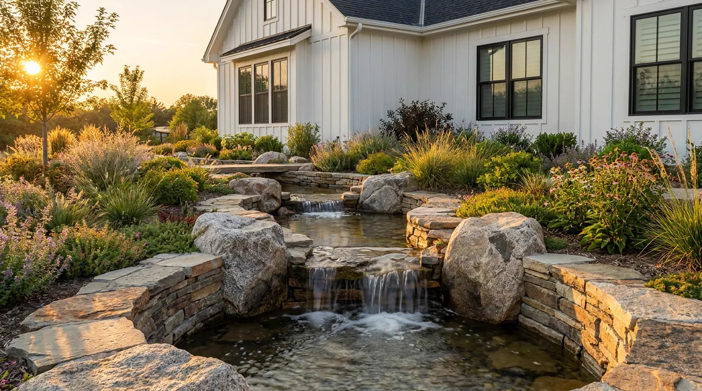 Completed stone water feature project at a modern farmhouse style home at golden hour