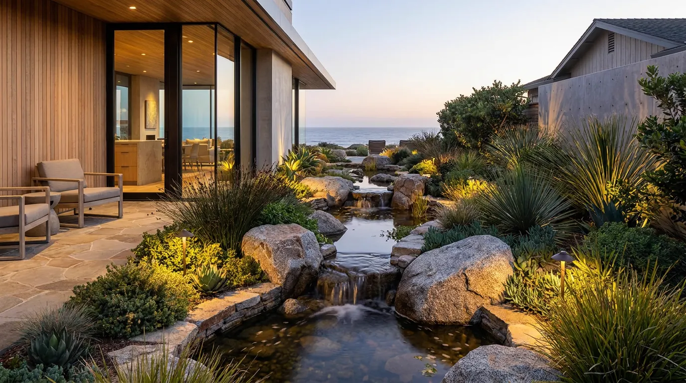 Completed stone water feature project at a contemporary coastal home at dusk