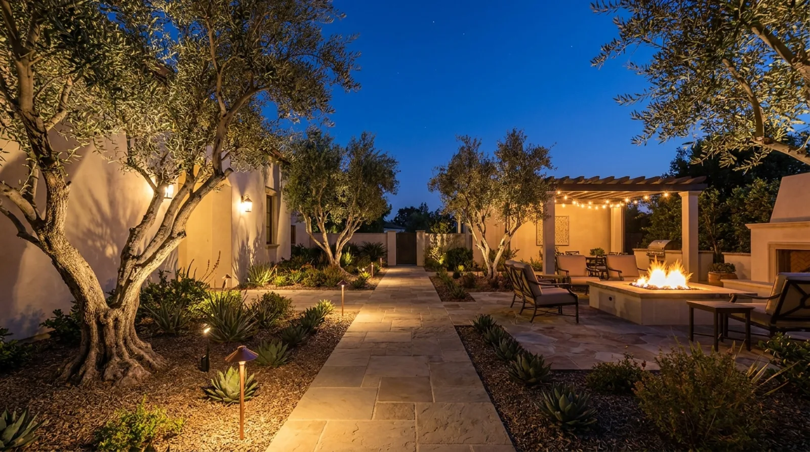 Low-voltage landscape lighting at night: uplit olive trees, path lights along a paver walkway, and a warm patio