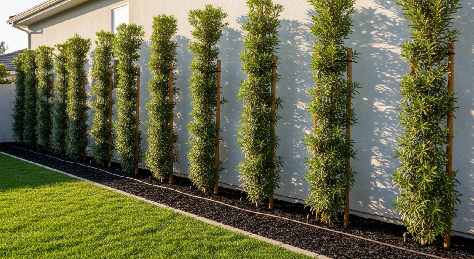 Row of freshly planted Podocarpus privacy trees with drip irrigation along a backyard wall