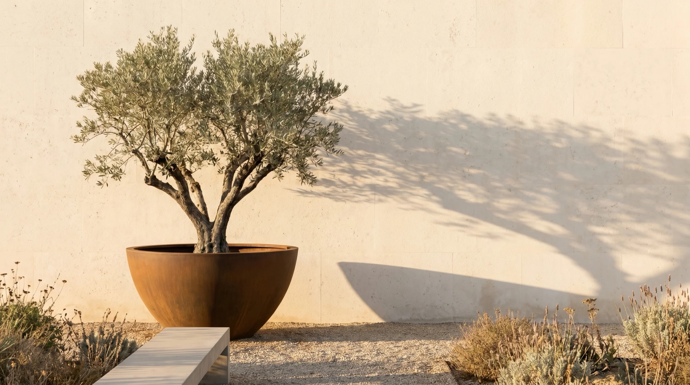 Macro detail of corten steel garden edge meeting bonded charcoal gravel, golden-hour rim light