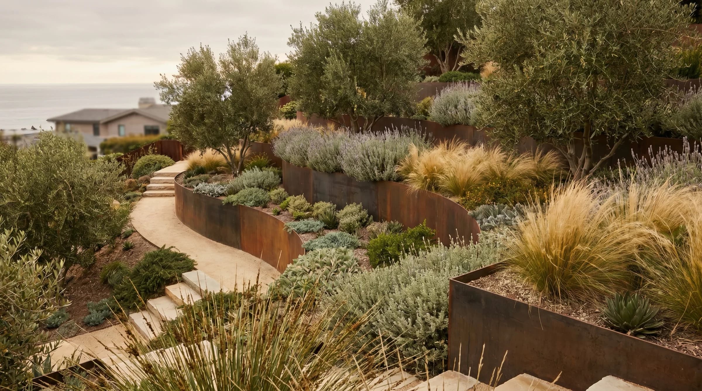 Slope · Corten retaining + grade