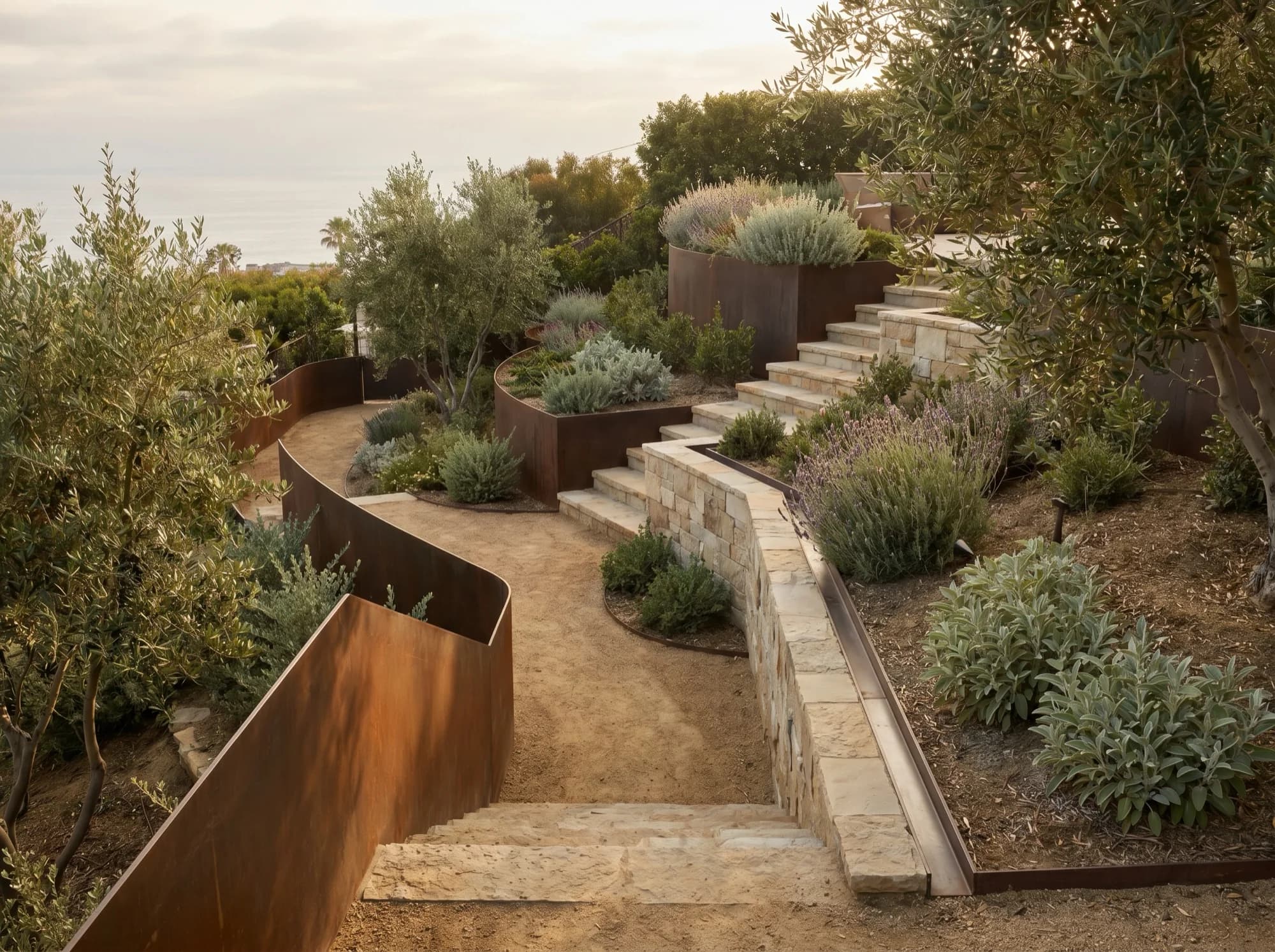 Retaining wall with stepped grade transitions